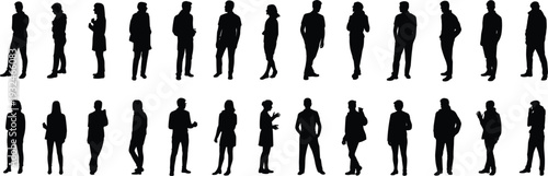 Collection of Black Silhouette People in Various Poses on White Background Keywords: people, silhouette, group, men, women