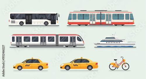 Various modes of transportation including bus, train, taxi, and bicycle on a light background.
