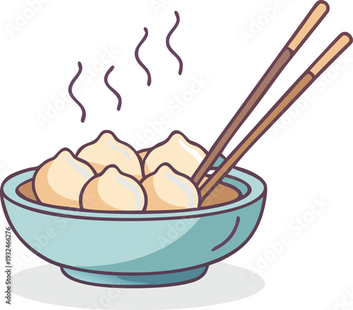 Steaming Dumplings in Bowl with Chopsticks Asian Food Illustration