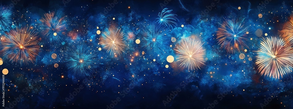 Fototapeta premium panoramic blue night sky filled with golden and turquoise fireworks bursting in a festive joyful celebration