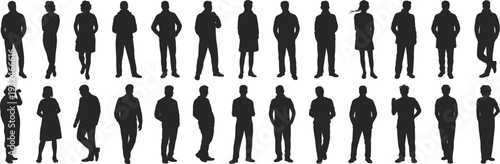 Diverse Group of Black Silhouette People Standing on White Background Keywords: people, silhouette, group, men, women, standing