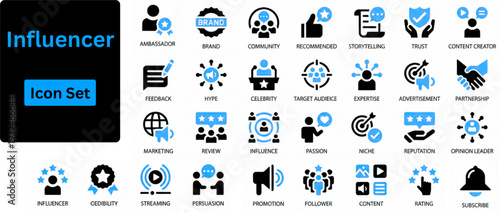 Influencer solid icon set contains Followers, Celebrity, Content Creator, Social Media, Brand, Promotion, Storytelling and more. Solid icons set. 