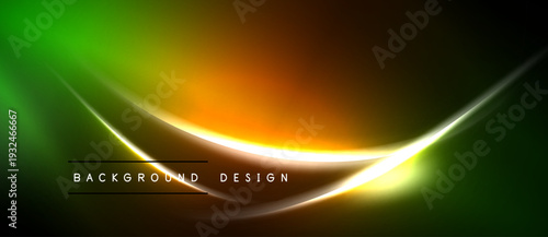 Abstract vibrant background. Smooth gradients blend green, orange, yellow. Dynamic curves create modern visual effect. Text reads background design.