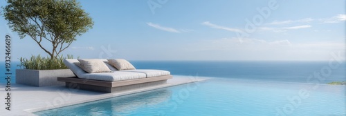 Infinity pool lounge bed on modern terrace with sea view and olive tree overlooking calm ocean horizon for luxury relaxation and resort escape