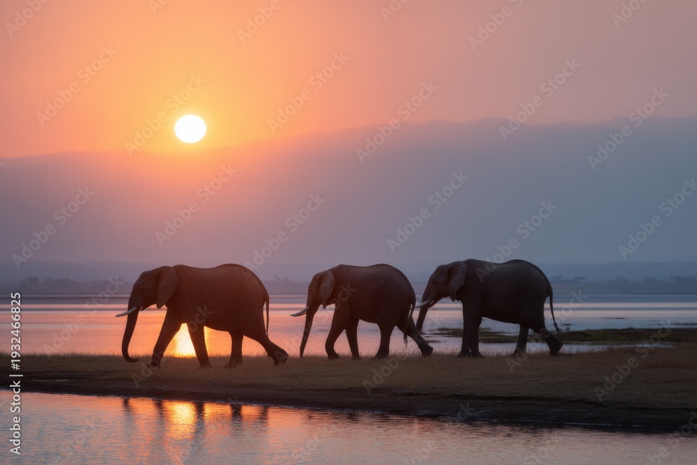 Naklejka premium Elephants sunset water silhouettes herd walking along shoreline reflection calm scene african savanna dusk peaceful landscape