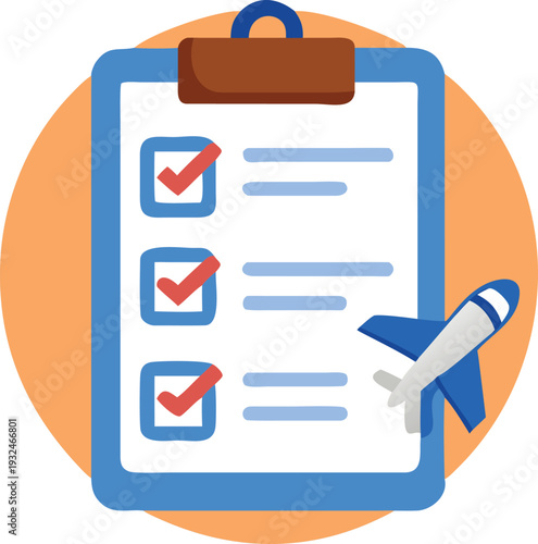 Travel Checklist Clipboard with Airplane Icon and Ticked Boxes Vector Illustration