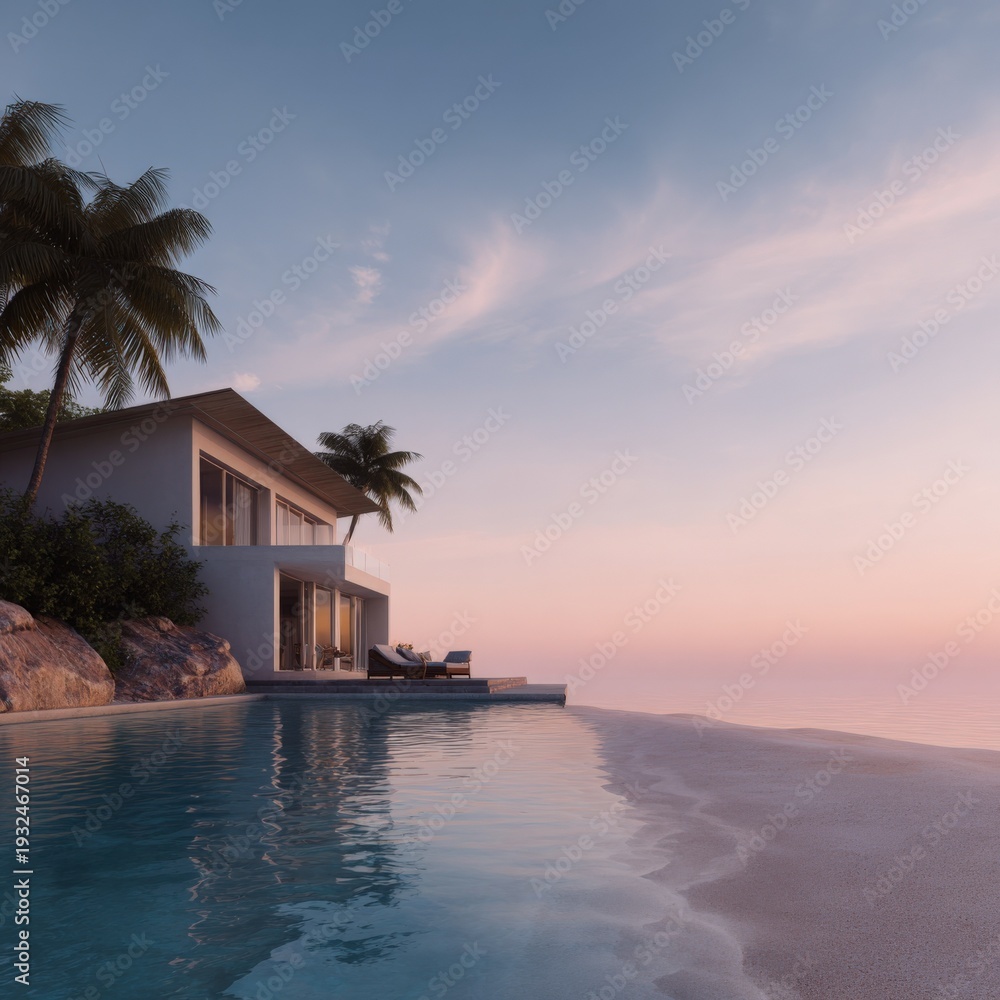 Naklejka premium Modern beach house with infinity pool at sunset pastel sky palm trees calm sea luxury coastal retreat