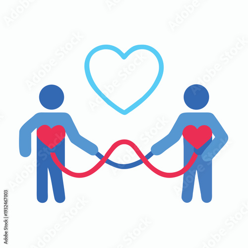 Two people connected by heart and tubes blood donation concept flat icon illustration