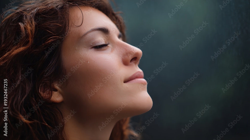 Fototapeta premium A serene woman closes her eyes embracing the rain and experiencing a moment of deep gratitude and peace outdoors