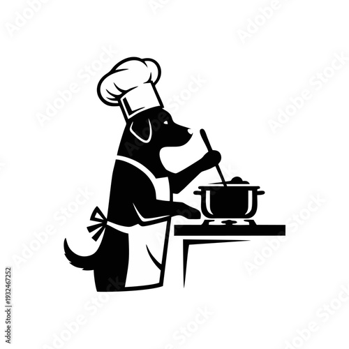 A dog wearing a chef's hat and apron prepares a meal in a kitchen, stirring a pot on the stove from a side view
