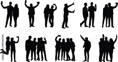 Diverse Silhouettes of People Taking Selfies with Smartphones on White Background vector