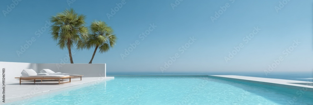Fototapeta premium Infinity pool sweeping terrace two palm trees ocean horizon minimalist luxury calm bright sky