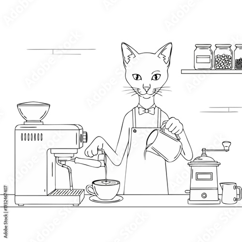 Vector illustration of a cat barista steaming milk for a coffee cup in a cafe setting
