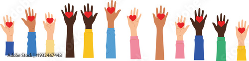 Diverse raised hands holding red hearts illustration, multicultural unity love concept vector, social support community care background design