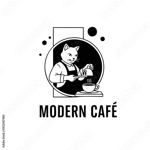 Cat serving coffee in a modern cafe setting, overhead view of a minimalistic illustration