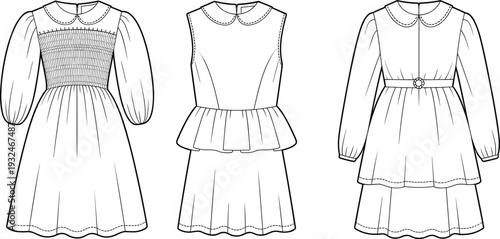Girls fashion dress technical sketch, three styles, puff sleeve, peplum top, smocked detail, Peter Pan collar, CAD vector illustration