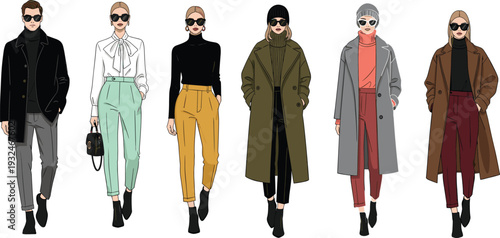 Fashionable men and women street style vector set, trendy autumn winter outfits collection isolated on white background modern apparel illustration