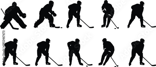 Minimal hand-drawn vector illustration set of ice hockey players with goal net scenes in clean outline style and consistent stroke width