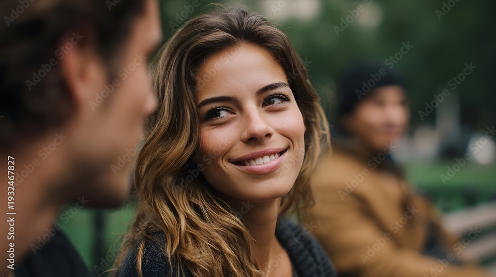 Obraz premium A young woman with wavy brown hair smiles warmly at a companion while sitting outdoors on a bench with another person blurred in the background
