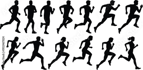 Diverse group of male and female runners in dynamic motion silhouettes on white Keywords: running, runner, silhouette, male