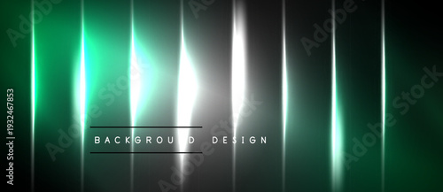 Abstract neon vertical lines, glowing green, silver hues. Dark background creates dramatic visual effect. Modern design element.