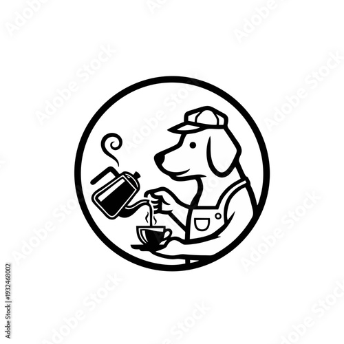 Vector illustration of dog pouring coffee from pot into cup, a humorous scene of canine enjoying morning beverage