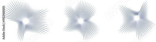 Three Abstract Radial Burst Music spectrum Patterns with Concentric Circles and Dashed Lines