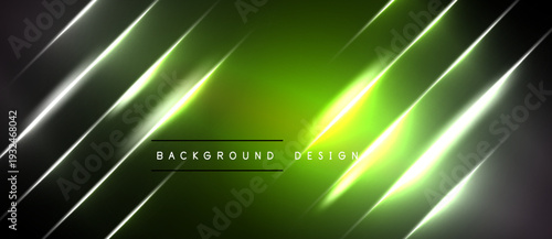 Abstract neon lines over dark background. Bright green center draws attention, creating dynamic visual effect. Modern design element.