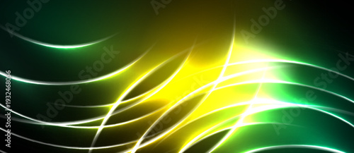 Bright abstract lines create dynamic energy. Green, yellow hues dominate dark background. Light radiates from central point.