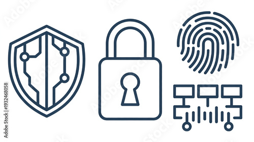 Cyber security icons including shield lock and fingerprint representing digital protection and data privacy for technology concepts isolated on white