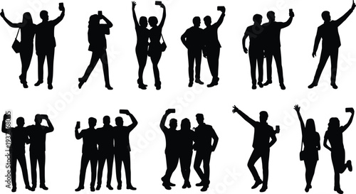 Group of People Silhouettes Taking Selfies with Smartphones on White Background vector