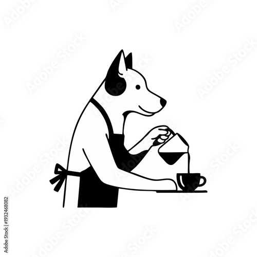 A cartoon dog wearing an apron pours coffee into a cup on a table, vector illustration