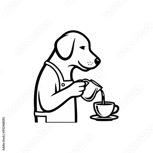 Dog pouring creamer into a cup of coffee at a table, vector illustration of a domestic scene