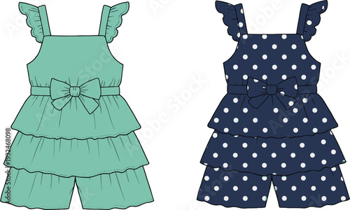 Girls layered ruffle romper with bow and flutter straps, cute playful toddler outfit cad drawing flat vector illustration