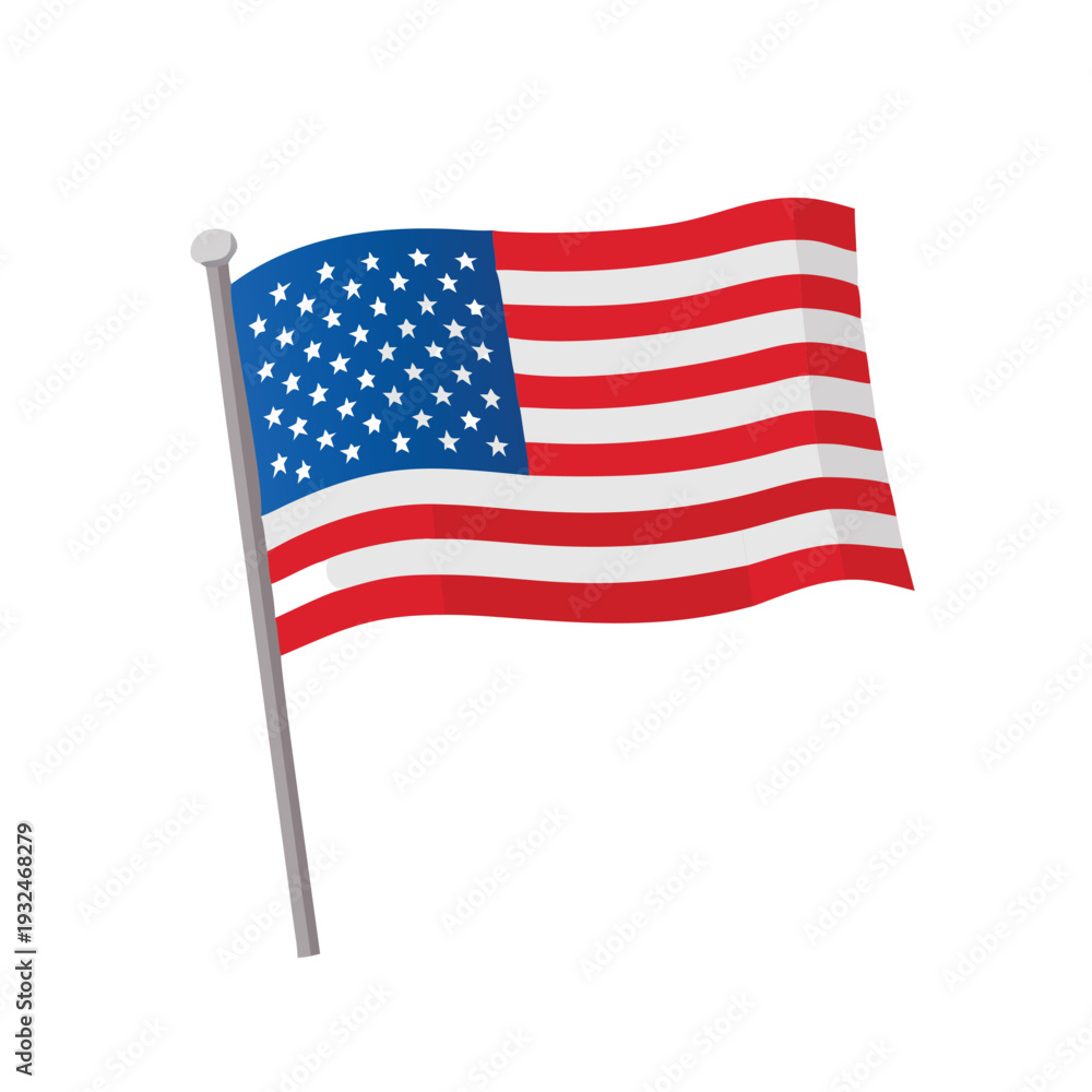 Fototapeta premium American Flag Waving on Pole Red White Blue Stripes and Stars Patriotic Symbol