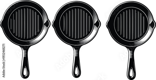 Vintage cast iron skillet illustration set, black and white frying pan vector, retro kitchen cookware design isolated on light background