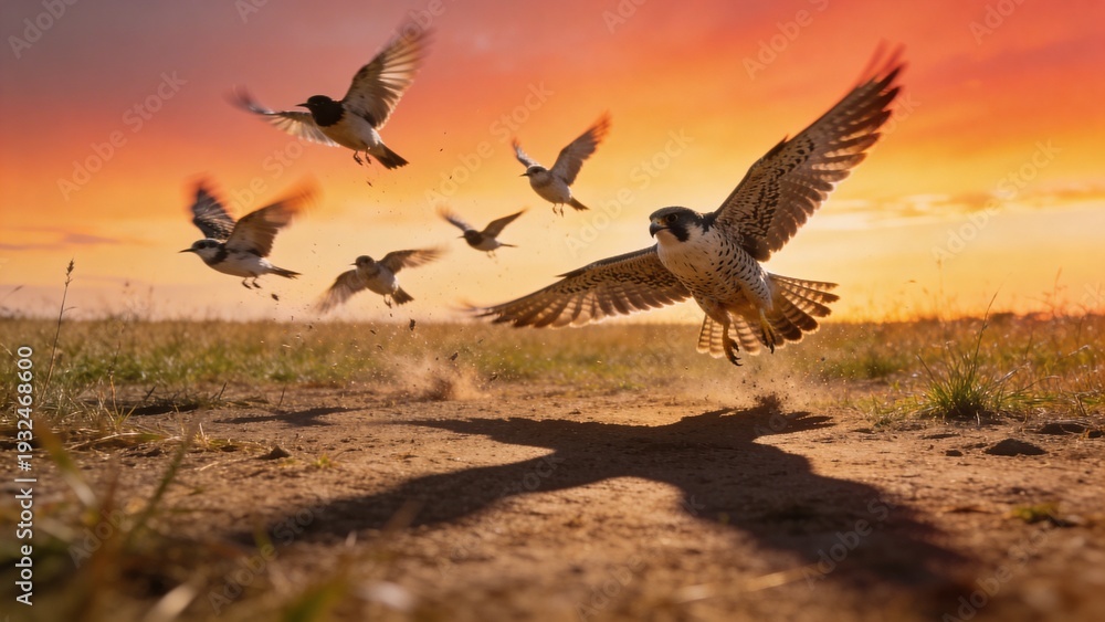 Naklejka premium small flock of birds taking flight as falcon shadow crosses field, warm sunset sky in cinematic fine art wildlife scene