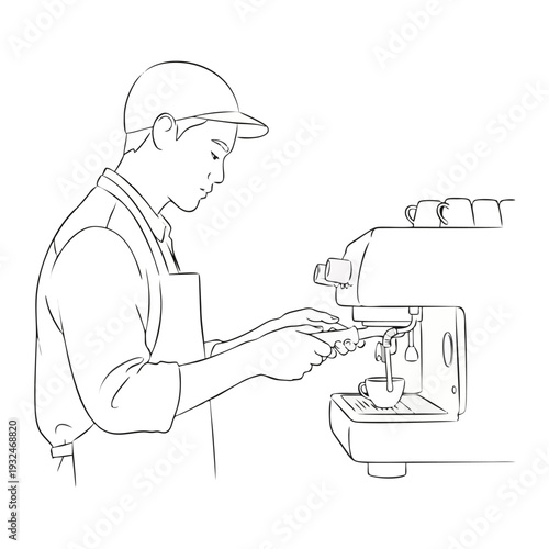 A barista operates a coffee machine, preparing a drink, in a cafe setting, viewed from the side.