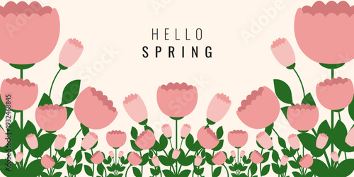 Horizontal Spring banner with elegant vector peony flower. Spring web poster with Spring Flowers frame and bold season message isolated light background. EPS 10