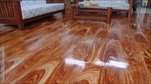 Elegant wooden floor design showcasing rich patterns and glossy finish in a contemporary living room setting
