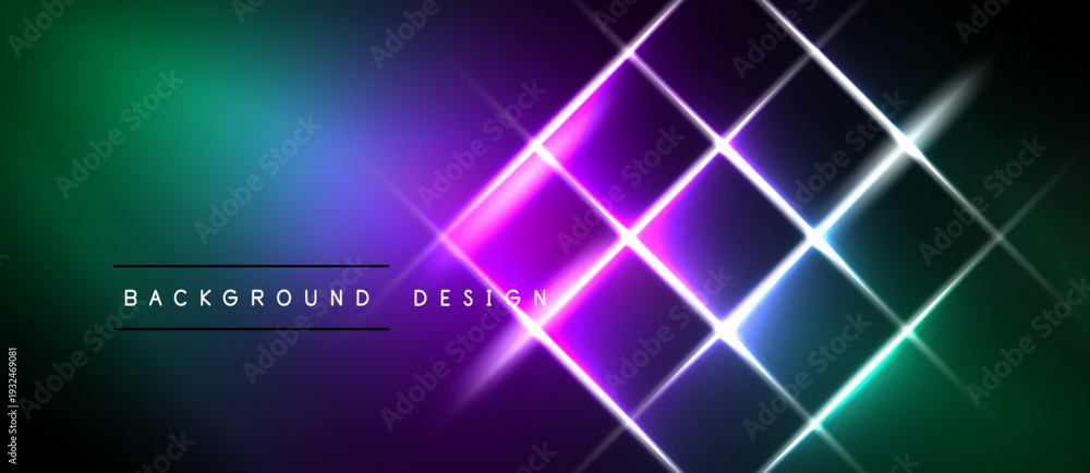 Obraz premium Vibrant abstract background features glowing neon squares. Gradient transitions from green to purple create dynamic visual effect. Modern design element.