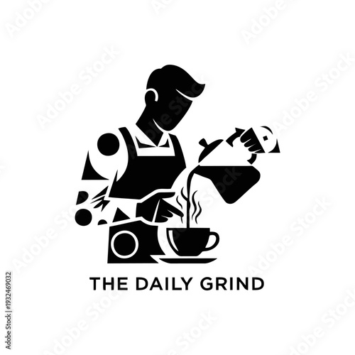 Vector illustration of a barista pouring steaming coffee into a cup, showcasing daily grind, coffee culture, and modern lifestyle