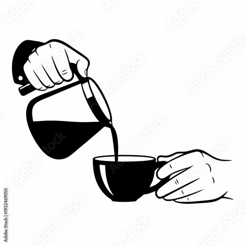 Hands pouring coffee from a pot into a cup, a moment of daily routine and warmth in a simple black and white illustration
