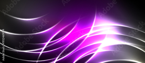 Abstract background features vibrant purple, white lines. Dynamic curves create luminous energy, flowing across dark space. Modern design.
