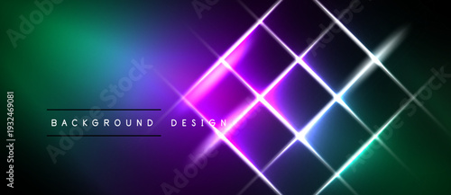 Vibrant abstract background features glowing neon squares. Gradient transitions from green to purple create dynamic visual effect. Modern design element.