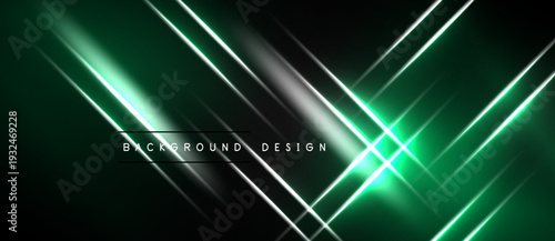 Dark background features bright neon green lines intersecting diagonally. Silver accents add depth, creating modern visual effect.