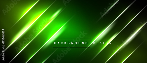 Abstract green background features bright diagonal lines. Text reads background design centered within glowing area. Dark borders frame composition.