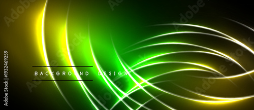 Abstract neon lines create vibrant green, yellow glow. Dark background emphasizes flowing curves, dynamic energy. Modern design element.