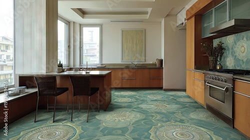 Modern kitchen interior with blue patterned flooring and wooden cabinetry in a bright and spacious design