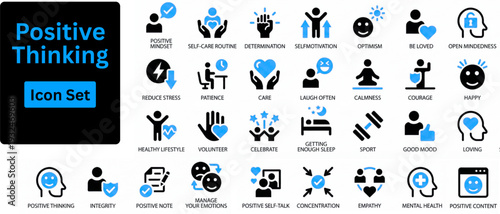 Positive Thinking solid icon set contains hope, smile, peace, focus, believe, calm, empathy, positivity, bright, love. Solid icons set. 